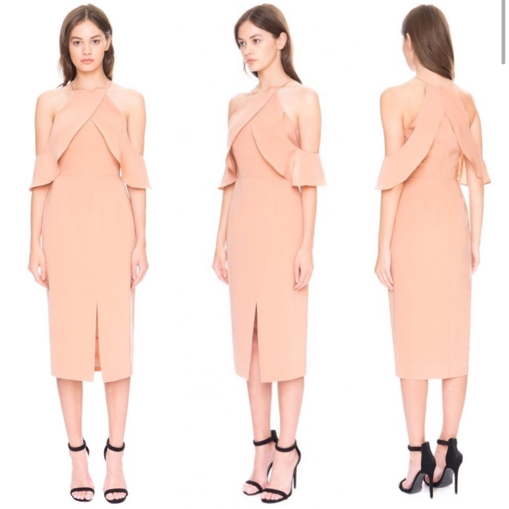 Keepsake the Label / peach Much More cold shoulder slit Ruffle Midi Dress L